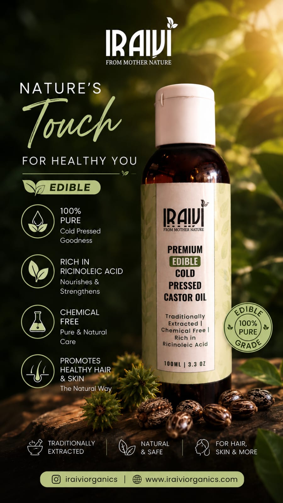 IRAIVI Premium Edible Castor Oil | 100% Pure Cold Pressed Castor Oil | Ricinoleic Acid | 100ml