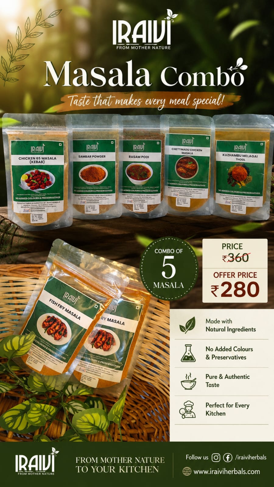 IRAIVI Masala Combo | 5 Traditional Indian Masalas | Chicken 65, Sambar, Rasam, Chettinad & Kulambu Masala
