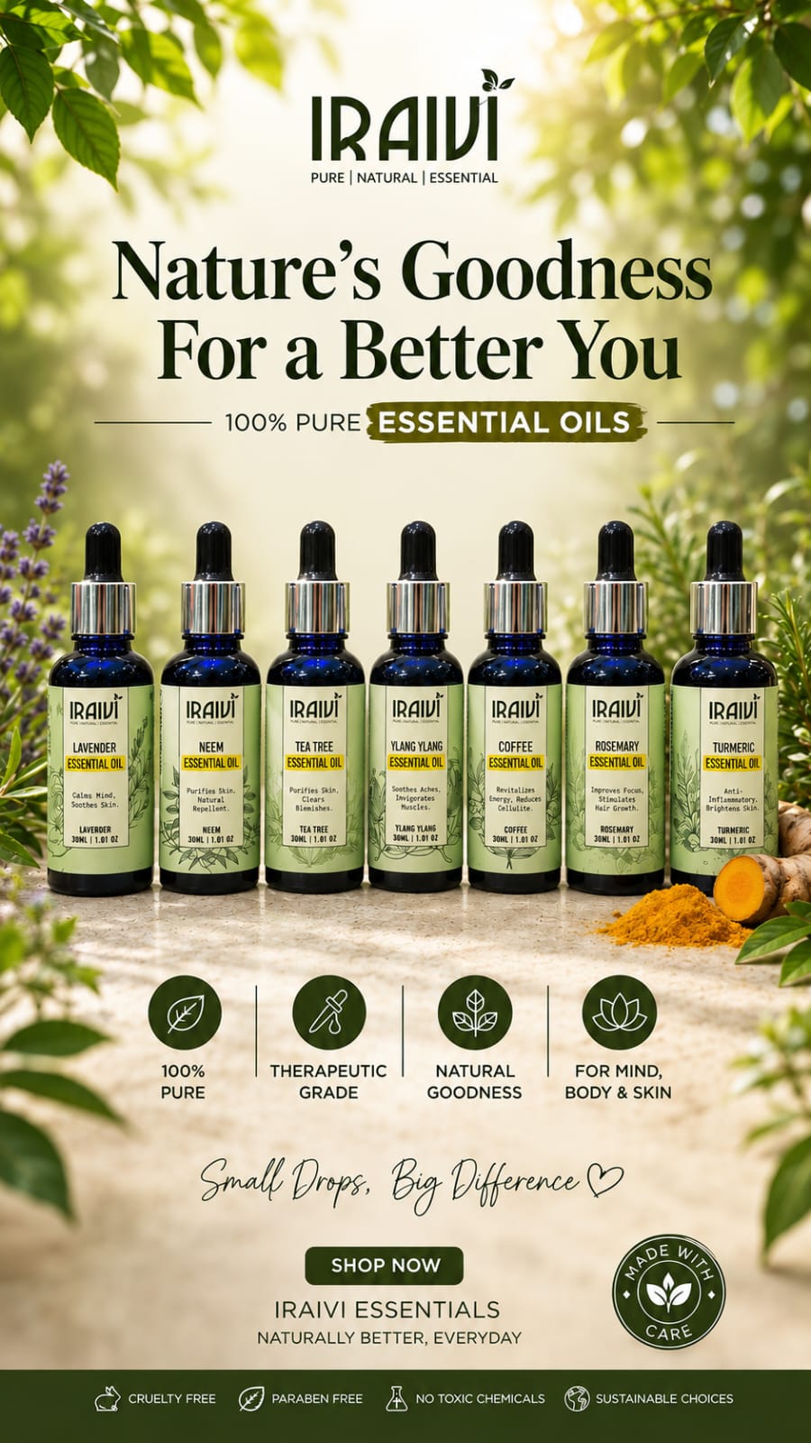 IRAIVI Essential Oils Collection | 100% Pure Essential Oils | Lavender, Neem, Tea Tree, Ylang Ylang, Coffee, Rosemary & Turmeric | 7 × 30ml