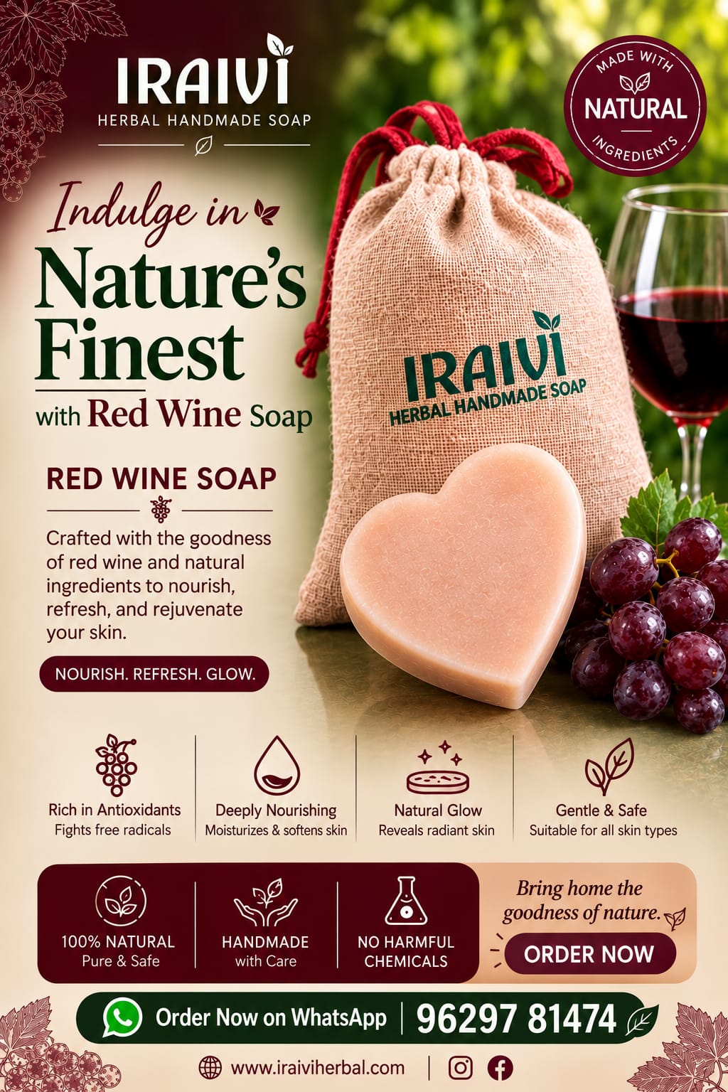 IRAIVI Red Wine Soap | Herbal Handmade Soap | Natural Red Wine Soap | 110g