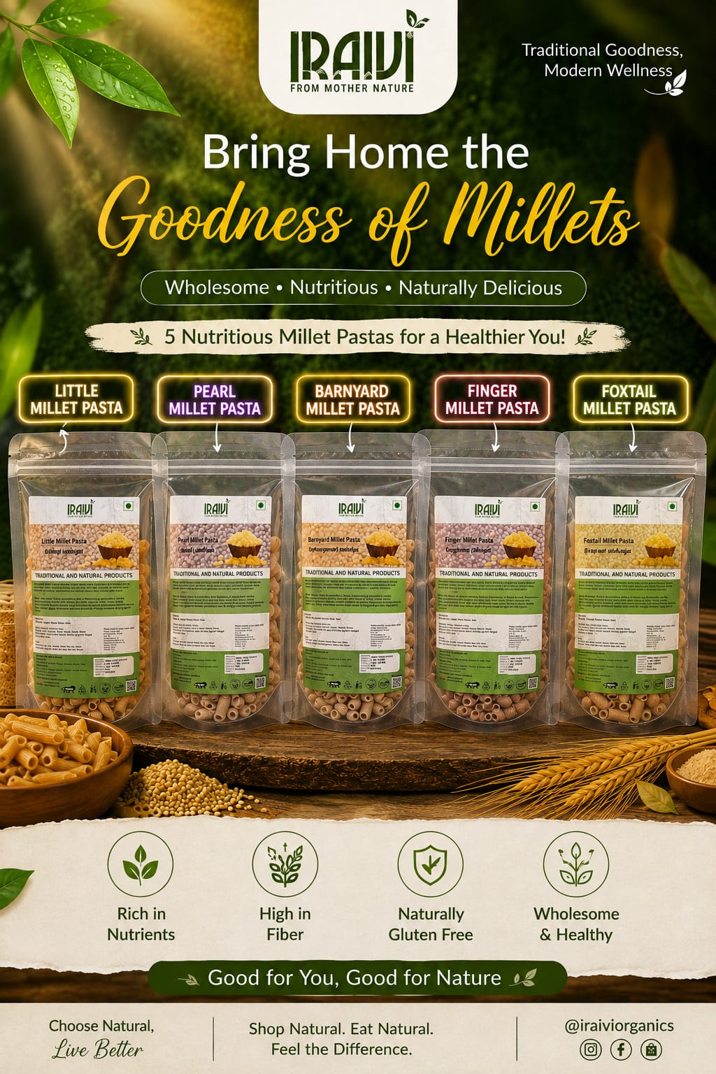 IRAIVI 5 Millet Pasta Combo | Little, Pearl, Barnyard, Finger & Foxtail Millet Pasta | 180g Each