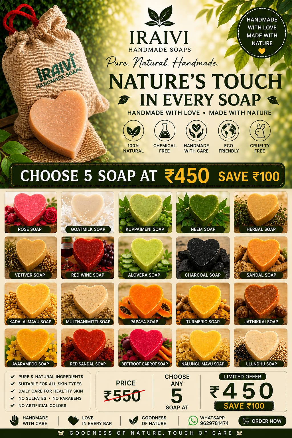 IRAIVI Handmade Herbal Soap Combo | Choose Any 5 Natural Soaps | 110g Each