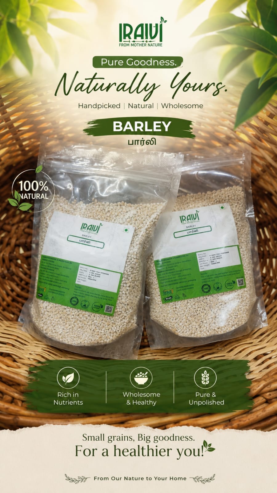 IRAIVI Barley | Natural Unpolished Barley Grains | Rich in Nutrients | 500g