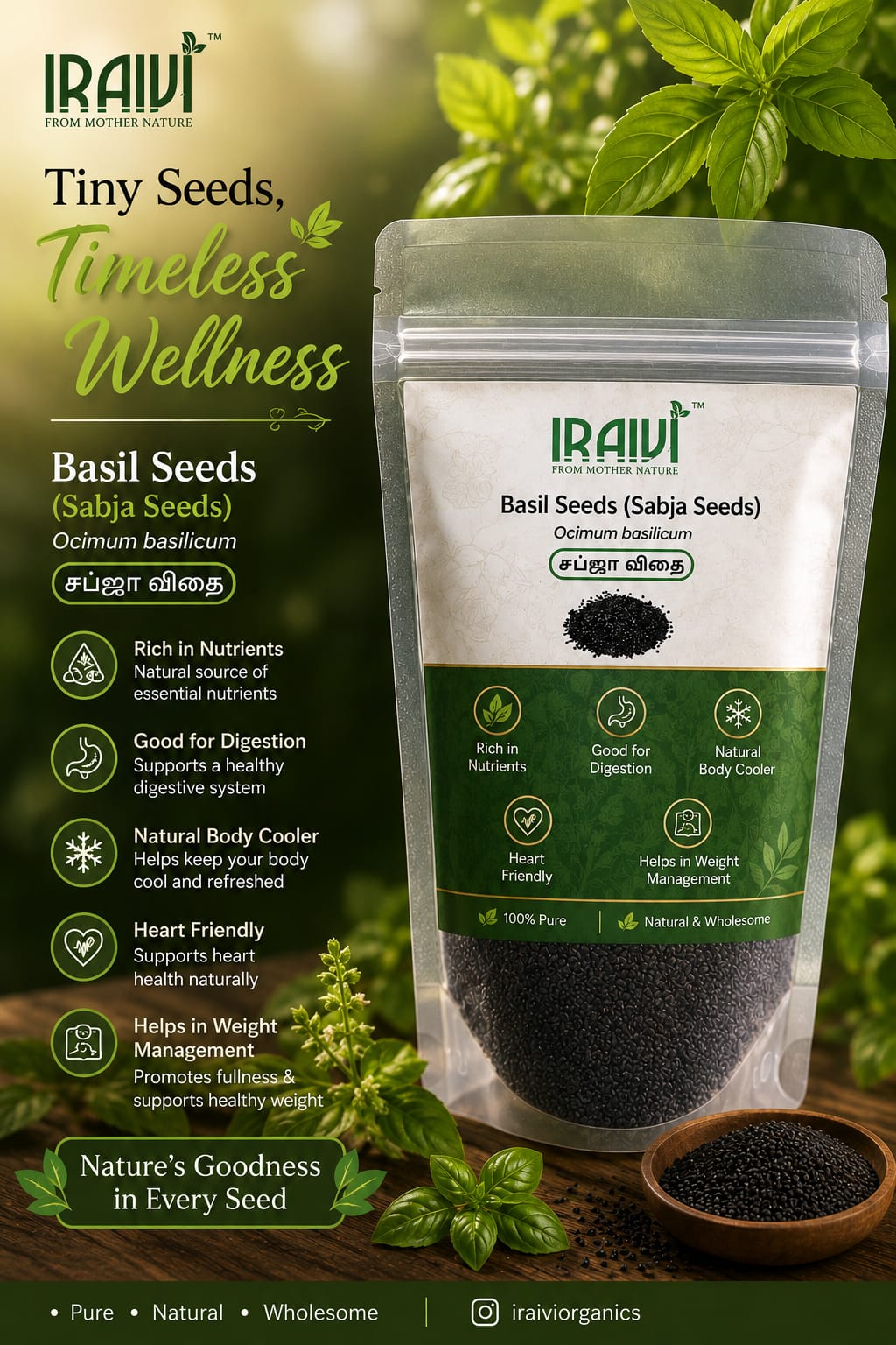 IRAIVI Basil Seeds | Sabja Seeds | Ocimum basilicum 100g