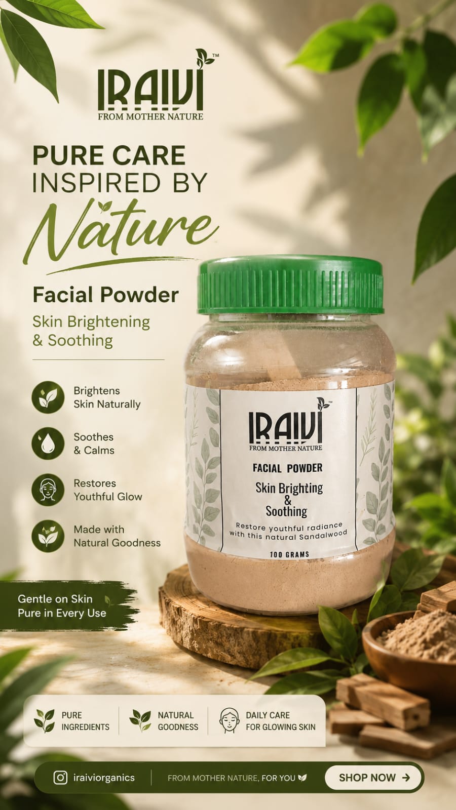 IRAIVI Facial Powder | Skin Brightening & Soothing | Natural Sandalwood 100g