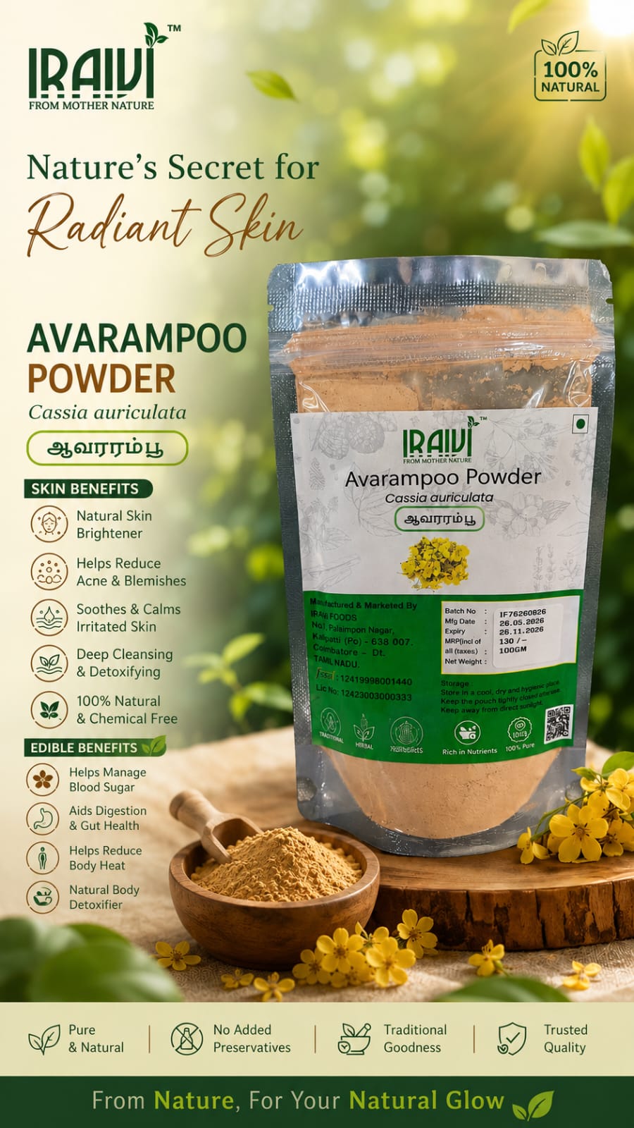 IRAIVI Avarampoo Powder | Avaram Poo Powder | Cassia auriculata 100g