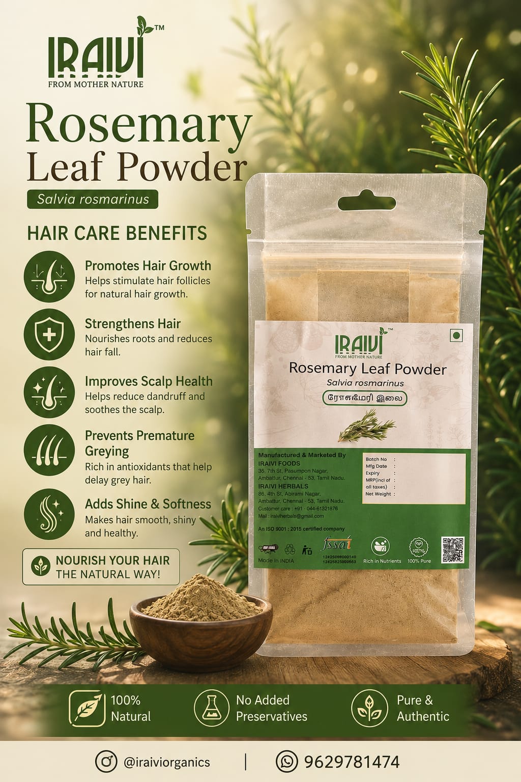 IRAIVI Rosemary Leaf Powder | Rosemary Hair Care Powder | Salvia rosmarinus 100g