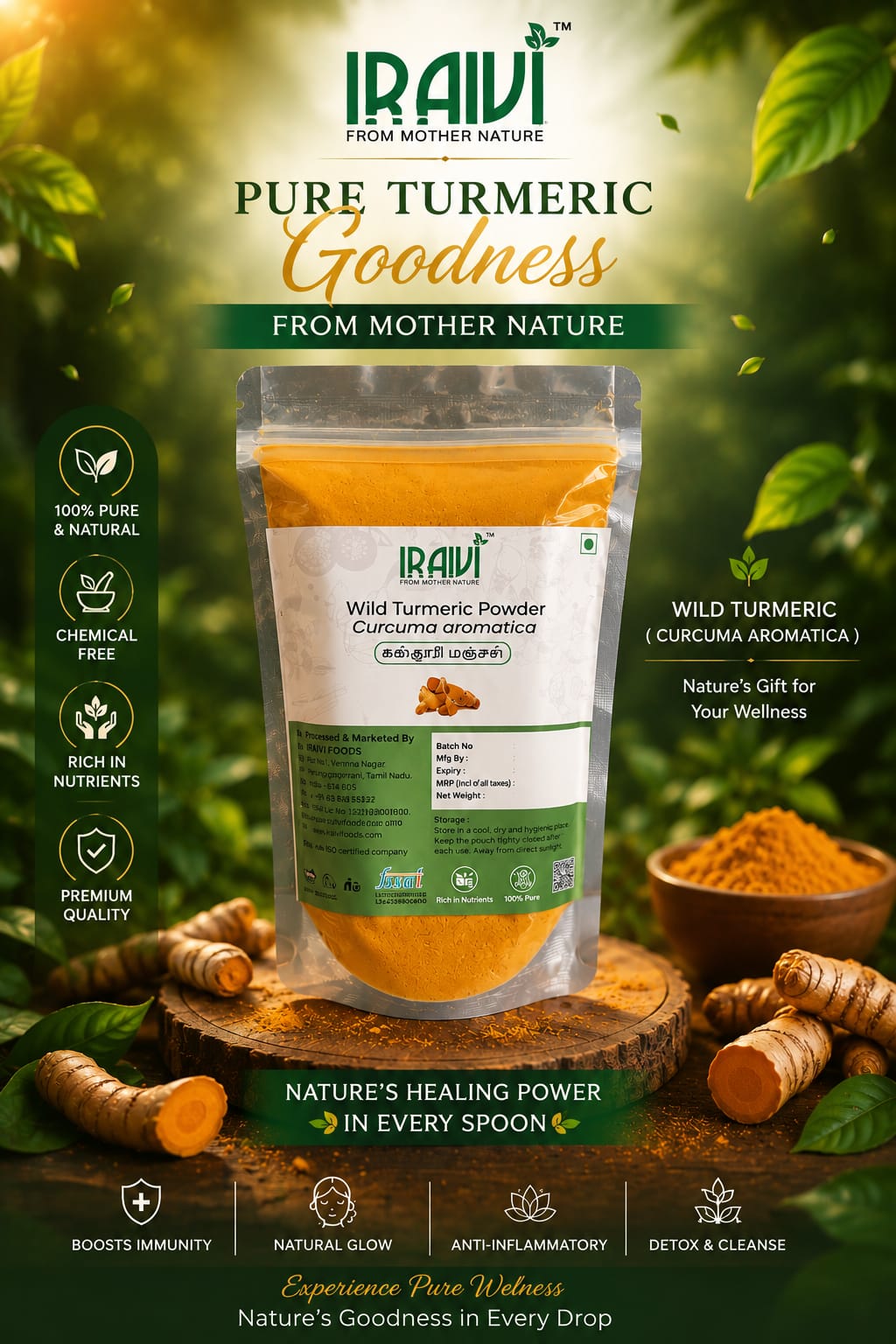 IRAIVI Wild Turmeric Powder | Curcuma aromatica | Natural Turmeric Powder | 100g