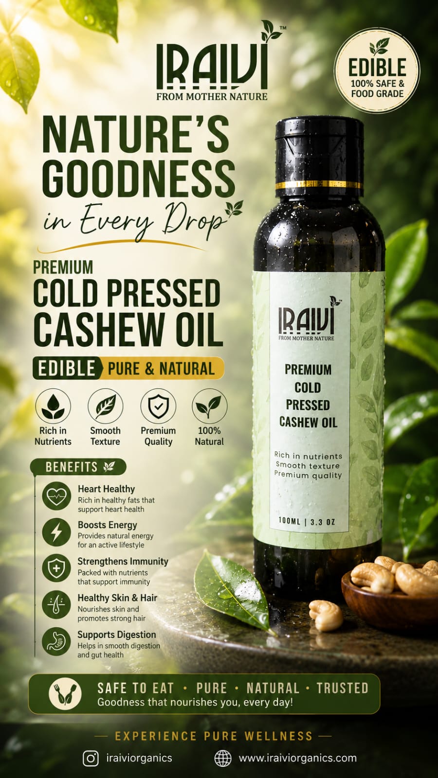 IRAIVI Premium Cold Pressed Cashew Oil | Edible Food Grade | Pure & Natural | 100ml