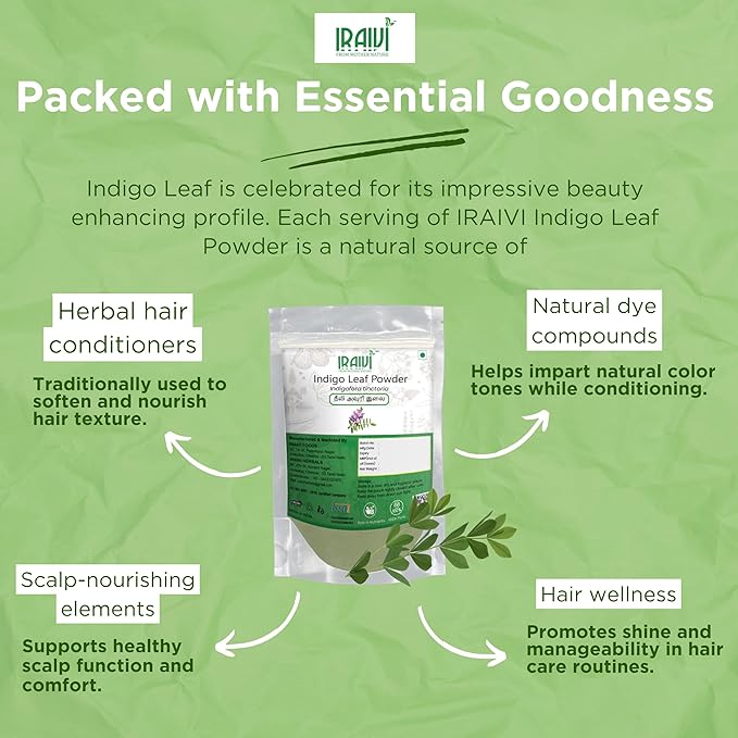 Iraivi Premium Indigo Leaf Powder 100g – Neeli Avuri for Natural Hair Coloring and Shine

