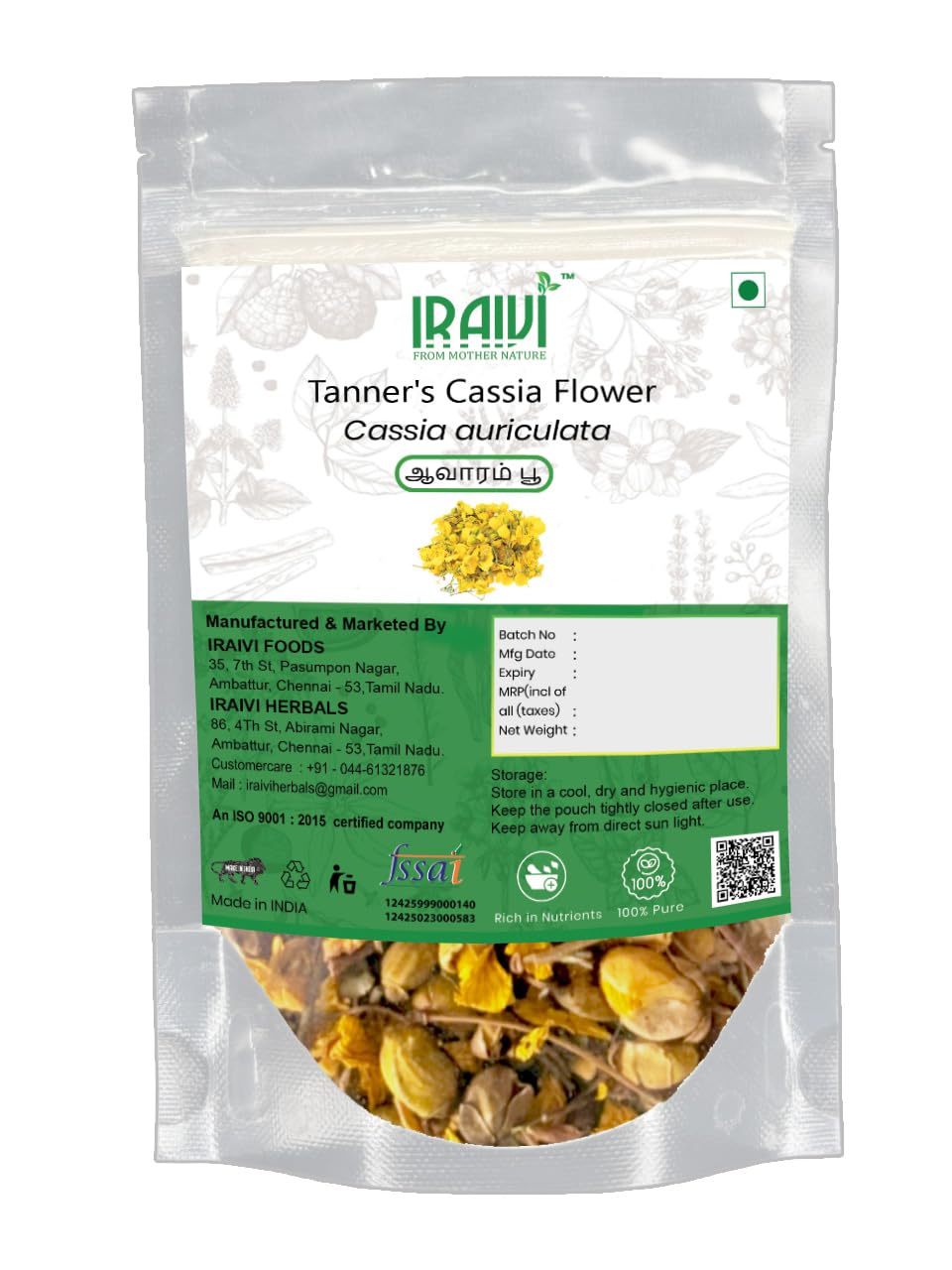IRAIVI Premium Aavarampoo Flowers 100g –  Natural Sun-Dried Cassia Auriculata Flowers
